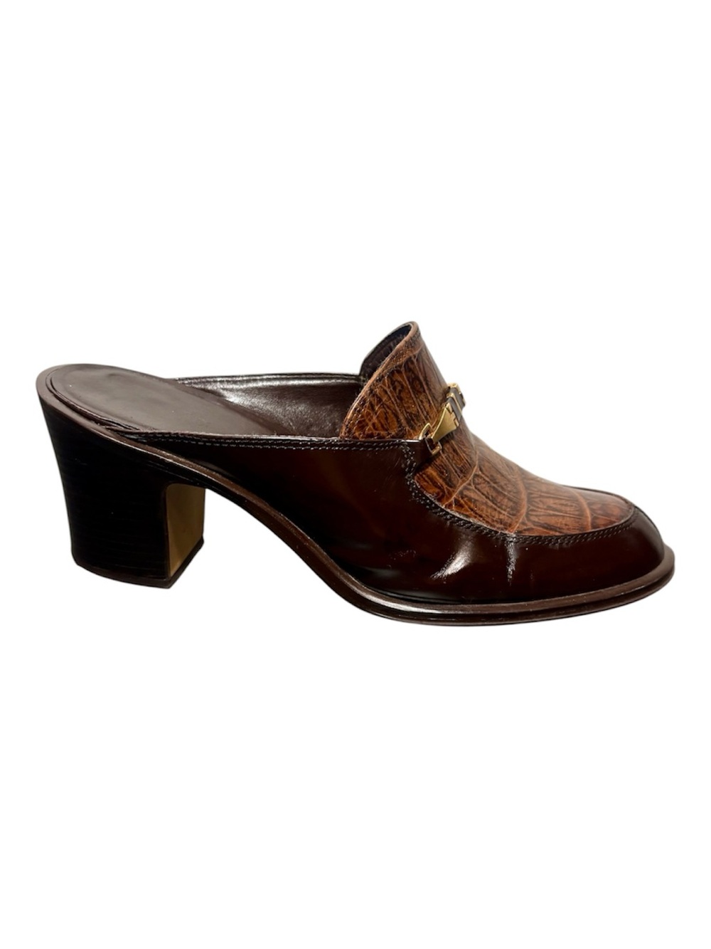 Brown Leather Croc-Accent Mule Heels